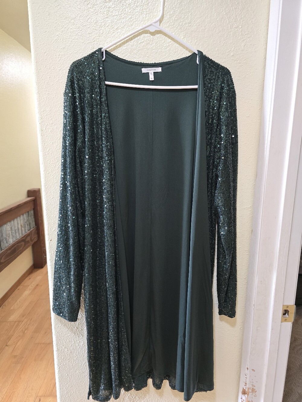 Maurices Sequined Open Front Duster Cardigan in Deep Green
